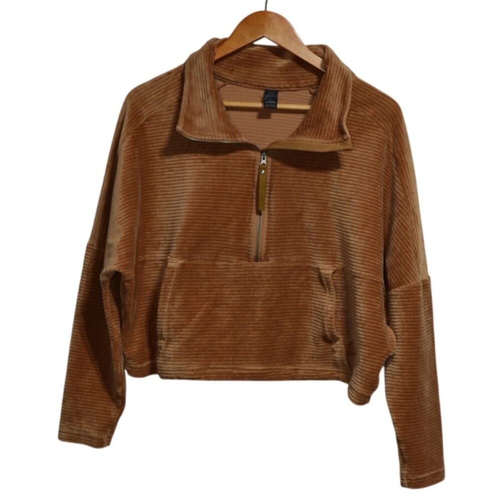 Prana Woman's Fleece Half Zip Oversized Cropped Brown Pullover Size Large - Picture 1 of 11